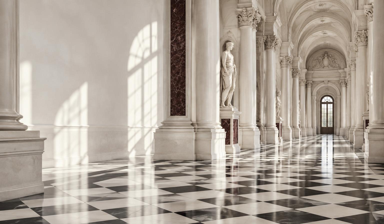 Galería de arquitectura clásica con piso ajedrezado blanco y negro
